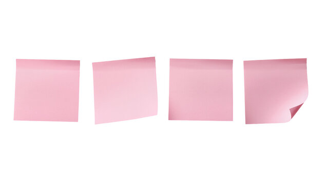 Isolated four pink square sticky notes, three flat and one with a curled corner, clean mockup design.