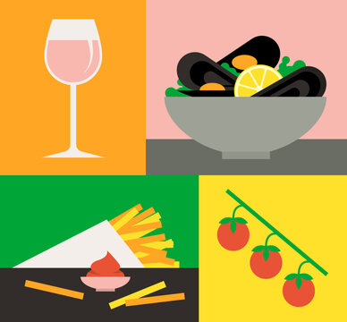 Traditional Mussels Meal with Ros&eacute; Wine, French Fries and Cherry Tomatoes