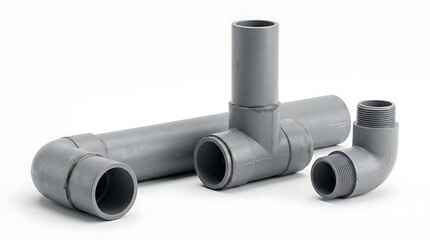 Fototapeta premium Set of gray industrial pvc plumbing pipe connectors and fittings with plumbing connector industrial junction