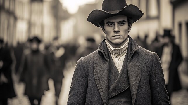 A stern historical figure in a wide-brimmed hat and heavy coat stands prominently on a crowded street, surrounded by blurred figures in period attire, evoking the atmosphere of a pivotal political