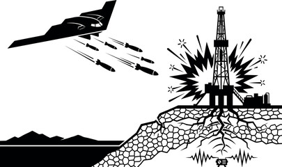 Fototapeta premium Stealth Bomber Attacking Oil Rig Platform with Explosions and Seismic Activity, Military Air Strike on Energy Infrastructure, Conflict over Natural Resources, Vector Illustration.