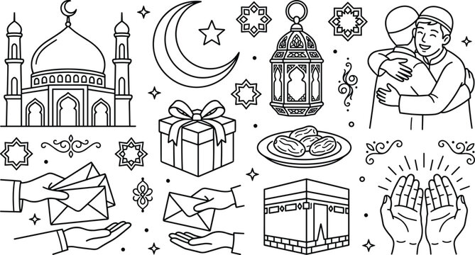 Islamic Ramadan Kareem and Eid Mubarak line art vector collection featuring mosque lantern hugging friends and praying hands