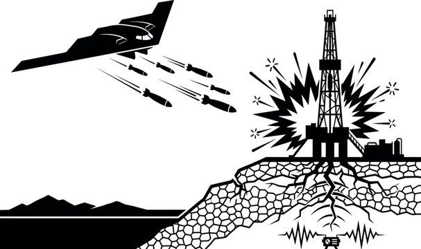 Stealth Bomber Attacking Oil Rig Platform with Explosions and Seismic Activity, Military Air Strike on Energy Infrastructure, Conflict over Natural Resources, Vector Illustration.