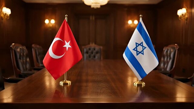 small desktop flags of turkey and israel stand on a long wooden negotiation table in an empty luxurious conference hall symbolizing diplomatic meetings and peaceful dialogue