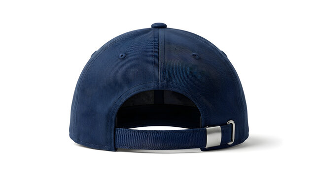 A dark blue baseball cap viewed from the back, featuring an adjustable metal strap buckle, isolated on a clean white studio background for branding.