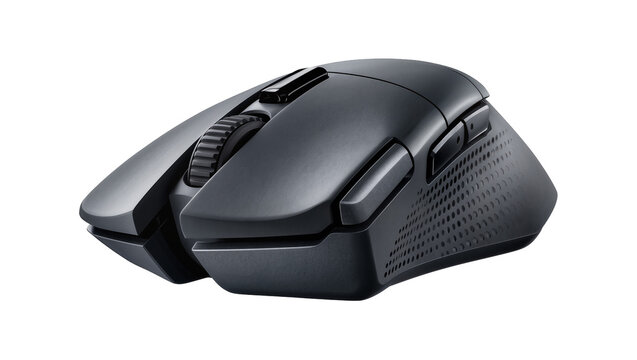 Isolated modern dark ergonomic wireless gaming mouse for professional e-sports and computer use