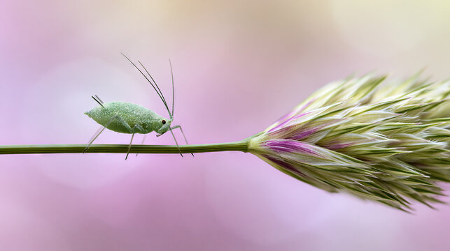 Green Leafhopper on Grass Blade at Sunset