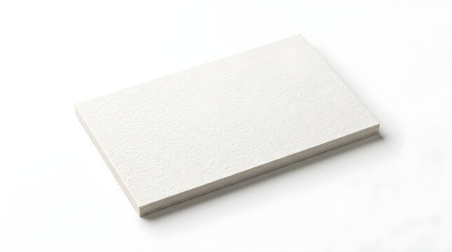 A high-angle perspective of a stack of blank white business cards with a textured paper surface, isolated on a clean white background for design.