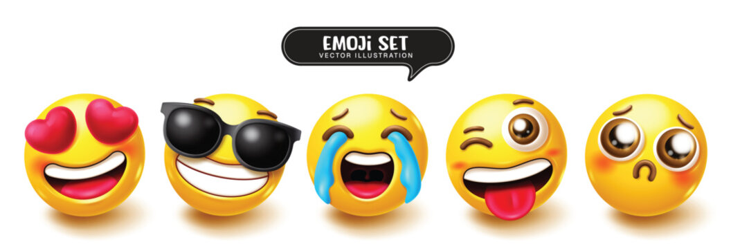 Emoji faces clipart set with love, cool, laughing, playful, and shy 3d emoticon faces with different facial expressions. Colorful vector clipart for messaging and social media. 
