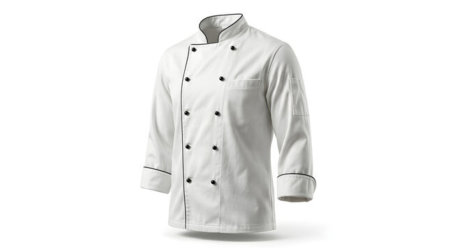 Professional white chef jacket with black trim details isolated on a clean white background, front view of culinary uniform for restaurant kitchen.