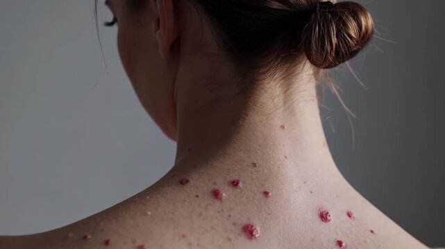 Closeup Of Caucasian Back Covered With Pustular Lesions And Red Scabs, Showing Inflamed Skin Texture, Patient Seated With Hair Bun Under Clinical Lighting, Dermatologist Assessment Concept For Medical