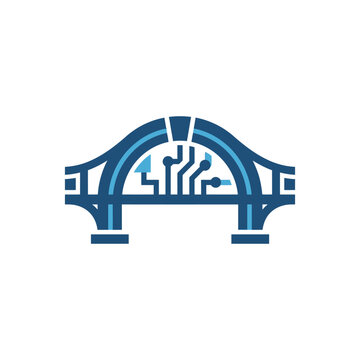 Futuristic blue bridge icon with digital circuit pattern.