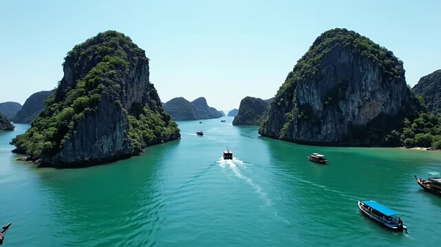 Scenic bay with limestone karsts and boats on water