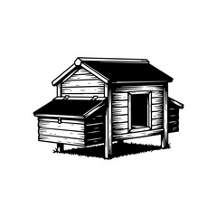 Hand drawn illustration of a wooden chicken coop on a white background. © Nabil