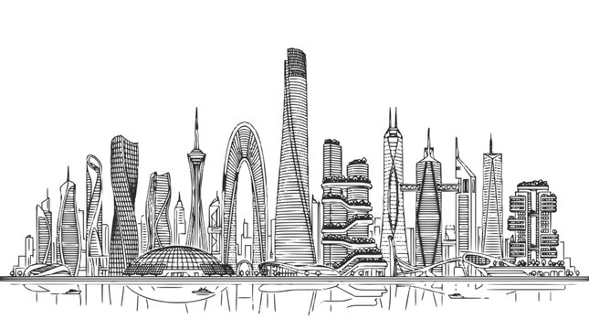 Modern Futurist City Skyline Sketch Hand Drawn Urban Architecture Illustration