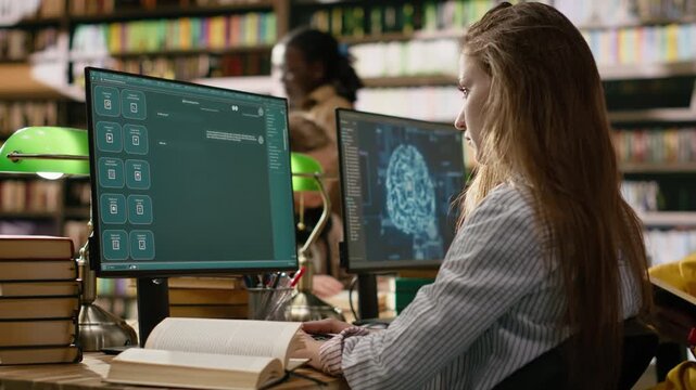 Young adult works at desktop with AI learning screens and digital tools in library computer class at desk, stack of textbooks for academic research.