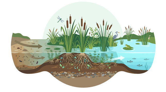 Cross section diagram showing how wetland plants filter pond water