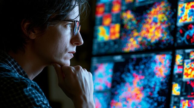 A researcher studies colorful single-cell sequencing clusters on a large monitor, heat maps and scatter plots floating around the screen, focused mood, cool studio lighting, three-quarter composition.