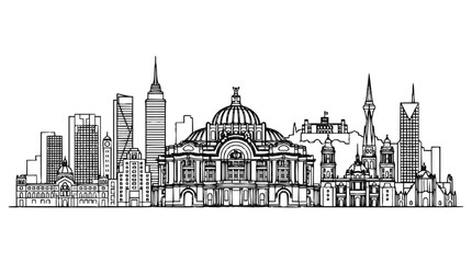 Fototapeta premium Mexico City Skyline Linear Illustration Featuring Palacio de Bellas Artes and Urban Landmarks