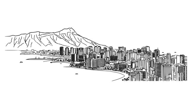 Honolulu Skyline and Diamond Head Hawaii Vector Line Art Drawing
