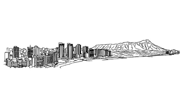 Honolulu Skyline and Diamond Head Hawaii Hand Drawn Line Art Illustration