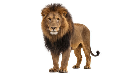 Isolated powerful male lion standing, looking directly at camera, with a majestic mane © Ciara
