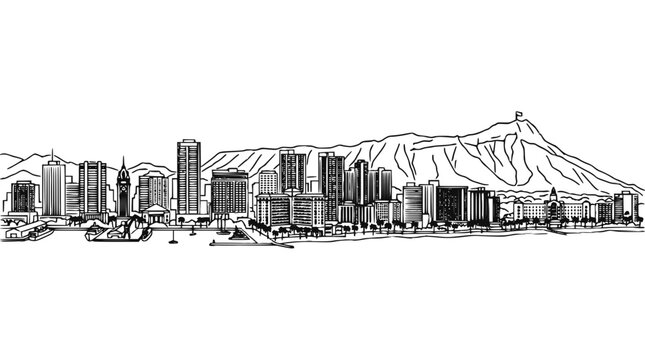 Honolulu Skyline Line Art Illustration with Waikiki Beach and Diamond Head Crater