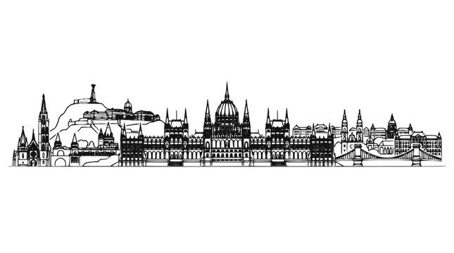 Budapest Skyline Line Art Illustration, Hungarian Parliament Building and City Landmarks Vector