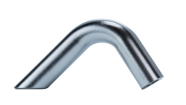 Isolated bent metallic pipe fitting with sharply angled ends, useful industrial plumbing part