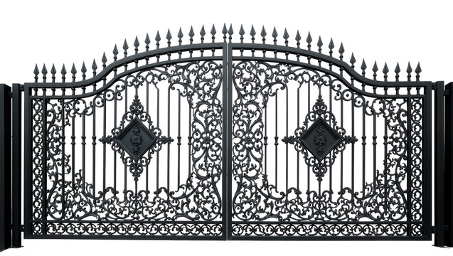 Isolated ornate black wrought iron gate with intricate decorative scrollwork and spear finials