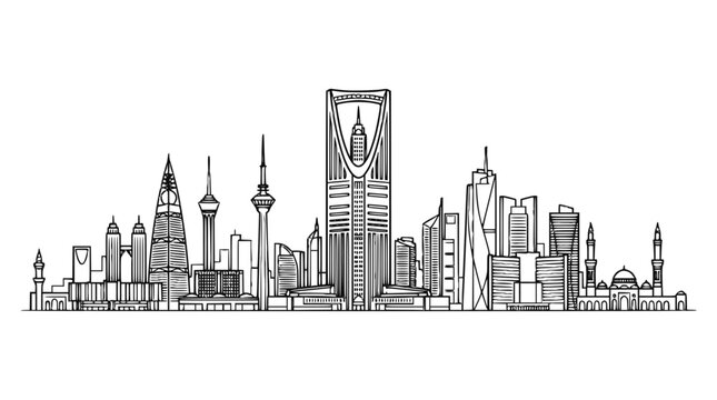 Riyadh Skyline Line Art Illustration, Saudi Arabia Modern Cityscape Panorama Vector