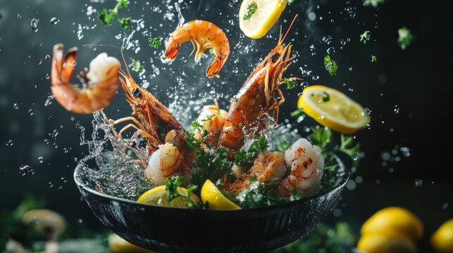 Grilled seafood floating in the air, splashes of lemon and herbs. generative ai