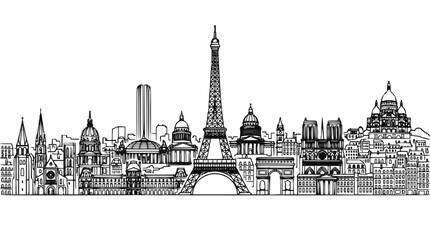 Fototapeta premium Minimalist Paris Skyline Sketch with Eiffel Tower and Landmark Monuments Ink Drawing