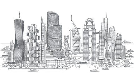 Fototapeta premium Modern Skyscraper Skyline Sketch, Architectural Cityscape Line Art Illustration
