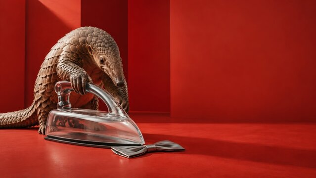 Surreal pangolin ironing a metallic bow tie in a red minimalist studio