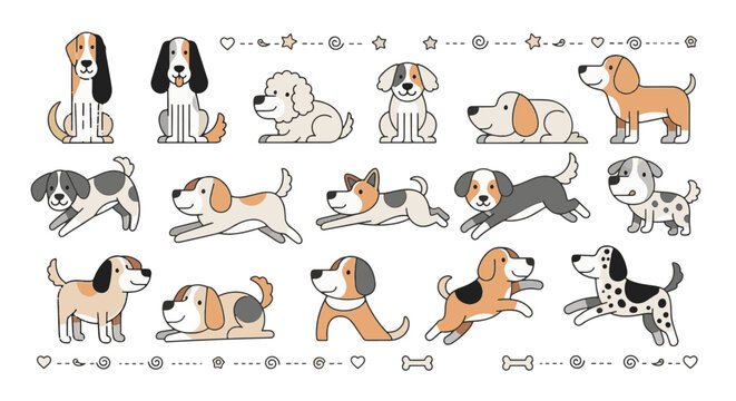 Vector illustration collection of diverse cute cartoon dog characters in various poses such as sitting, running, and jumping. Includes beagles, dalmatians, and decorative icon borders.