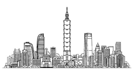 Fototapeta premium Minimalist Taipei Skyline Sketch, Taiwan Cityscape Line Art Illustration