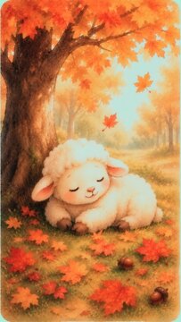 紅葉の木の下で眠る羊｜秋色に包まれた癒しの絵本風イラスト
