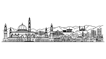 Fototapeta premium Muscat City Skyline Sketch, Oman Middle East Islamic Architecture Hand Drawn Illustration
