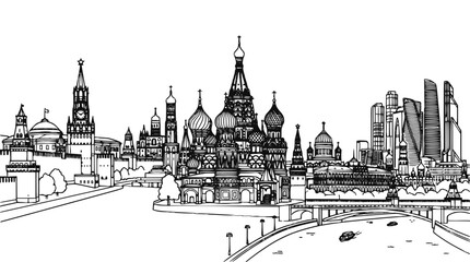 Obraz premium Moscow Cityscape Panorama Sketch with Kremlin, Saint Basil Cathedral and Modern Skyscrapers