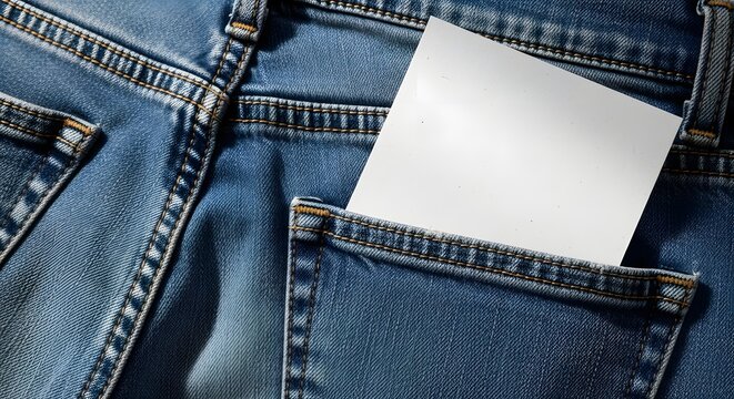 Blank white square note tucked into the back pocket of blue denim jeans with material clothing accessory jeanswear minimalist