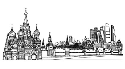 Fototapeta premium Moscow Skyline Sketch with Saint Basil Cathedral and Modern Skyscrapers Vector Illustration
