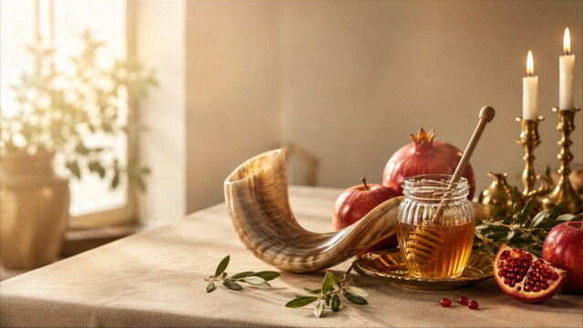 Rosh Hashanah Celebration with Shofar, Honey, Pomegranate and Apples on Festive Table