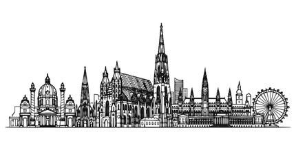 Fototapeta premium Vienna Austria Skyline Illustration, Historic City Landmarks Linear Vector Art on White Background