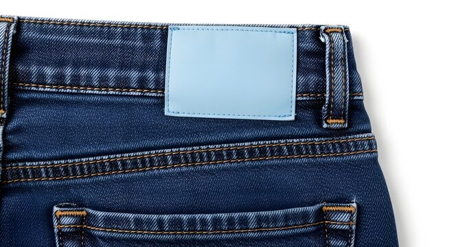 Close up of blue denim jeans back pocket with a blank light blue leather patch tag clothing stitching template material lifestyle