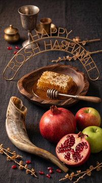 Traditional Rosh Hashanah symbols with shofar, honeycomb, pomegranate, and apples on a dark background.