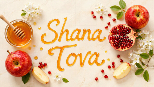 "Shana Tova" written in honey with apples and pomegranate for Rosh Hashanah Jewish New Year greeting.