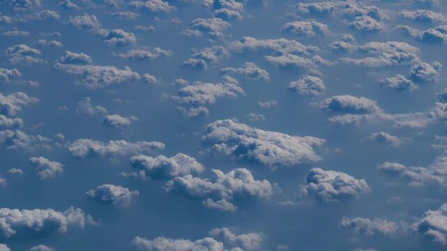 4K Motion landscape sky Aerial view summer tropical blue sky fluffy white cloud summertime sunny day cloudscape. Cumulus blue skyline spring sunlight climate background. Heaven environment