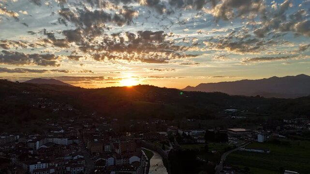 Sunset Hyperlapse Cangas de Onis Asturias Spain Aerial Time-Lapse Golden Hour Twilight Town