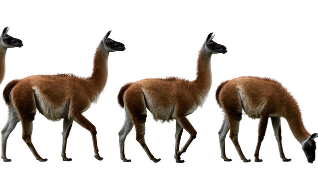 Isolated group of wild South American guanacos walking and grazing gracefully